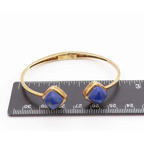 925 Sterling Silver Vintage Bracelet Gold Parted Lapis Lazuli Ended Cuff BT11337 - Picture 8 of 9